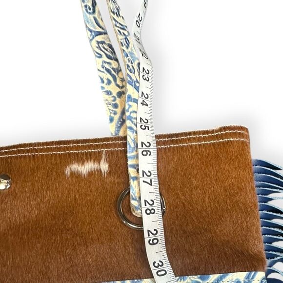 DANCING CACTUS DESIGNS Cowhide Leather Fringe Tote Bag Blue Tooled Western Boho - Picture 5 of 6